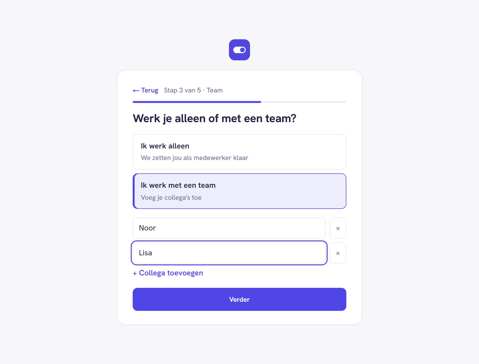 Stap 3 met de keuze Ik werk met een team aangeklikt en twee namen ingevuld: Noor en Lisa