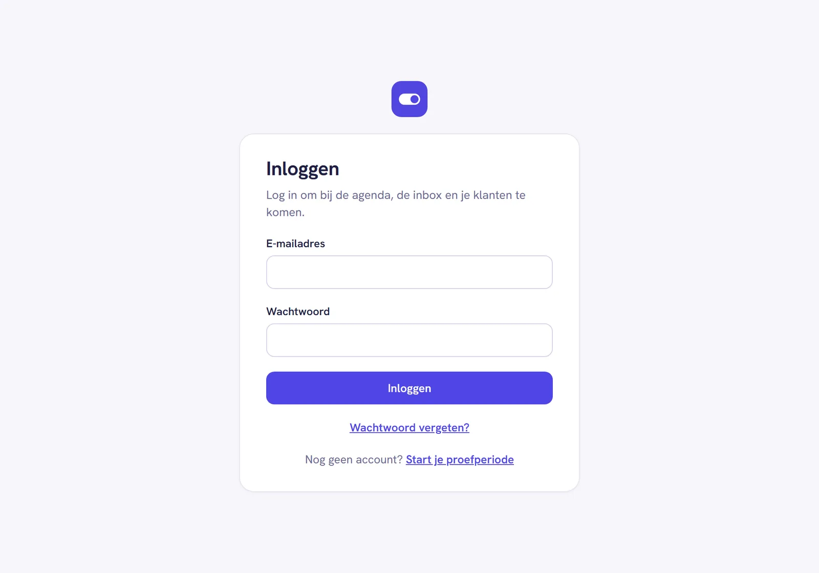 Het inlogscherm van BookMeUp met de velden E-mailadres en Wachtwoord, de knop Inloggen en daaronder de link Wachtwoord vergeten?