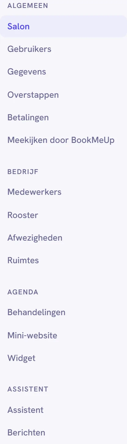 Het menu van Instellingen met de groepen Algemeen, Bedrijf, Agenda en Assistent en de schermen eronder