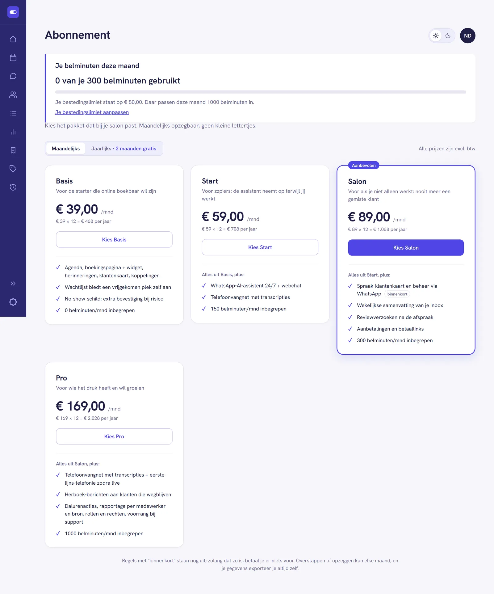 De pagina Abonnement met bovenaan de belminuten van deze maand en daaronder de vier pakketkaarten