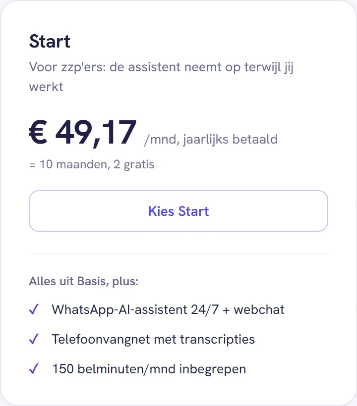 De kaart van Start op jaarlijks: het bedrag per maand, met daaronder dat je tien maanden betaalt en twee gratis krijgt