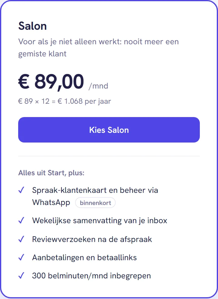 De pakketkaart van Salon met de prijs per maand, de knop om te kiezen en de regels die het pakket toevoegt
