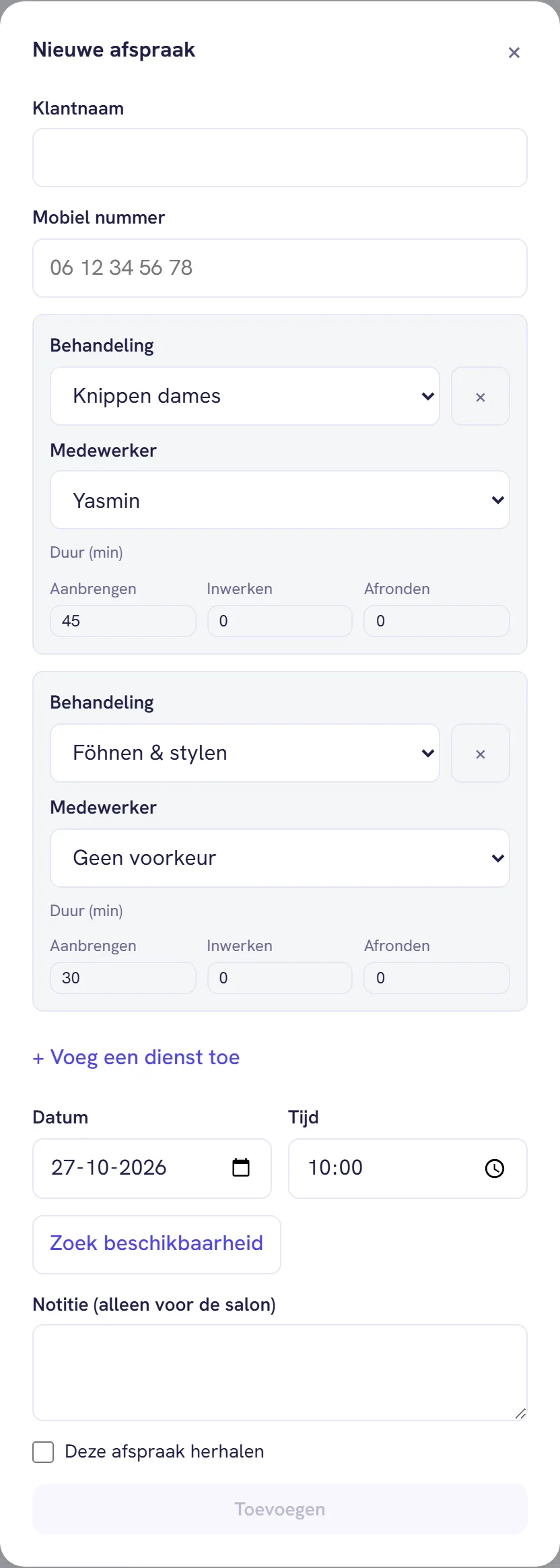 Het venster Nieuwe afspraak met twee diensten onder elkaar: Knippen dames bij Yasmin en daaronder Föhnen & stylen zonder voorkeur