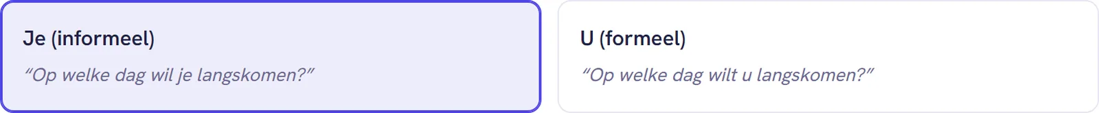 De kaart Aanspreekvorm met de keuzes Je (informeel) en U (formeel), elk met een voorbeeldzin eronder
