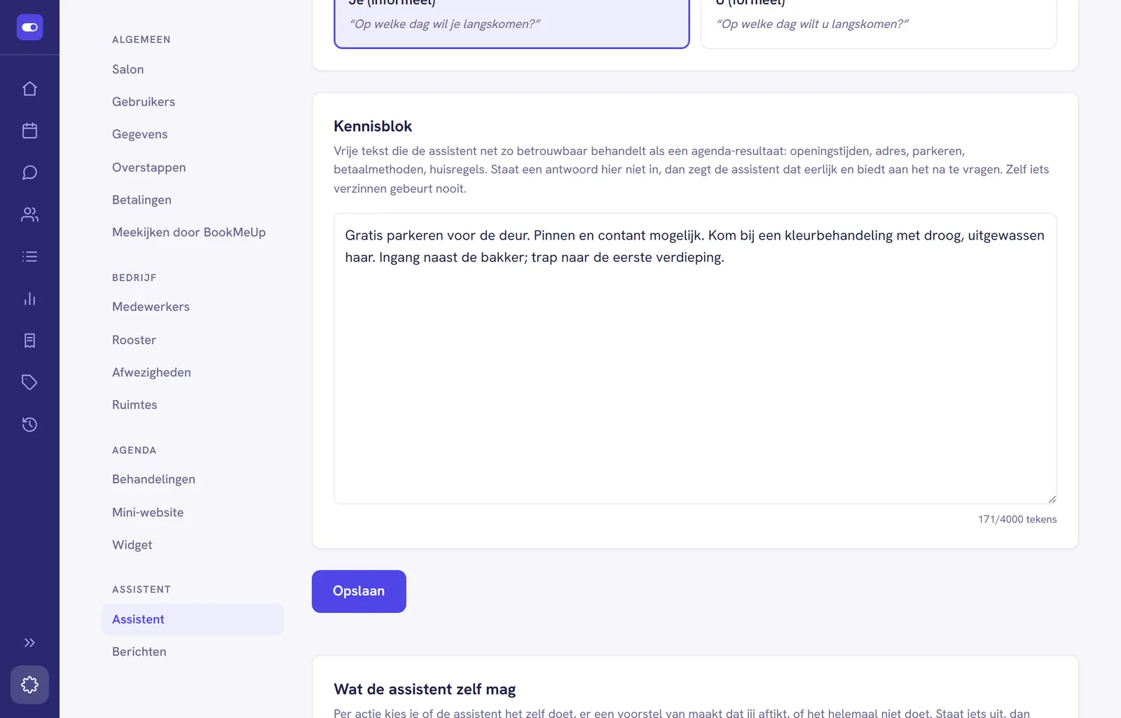 Het tabblad Gedrag met de kaart Kennisblok: een groot tekstvak met de saloninformatie van de demosalon over parkeren, betalen en de ingang, de teller van het aantal tekens en daaronder de knop Opslaan