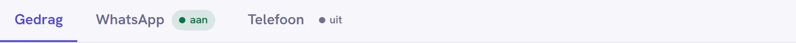 De drie tabbladen Gedrag, WhatsApp en Telefoon, met achter WhatsApp en Telefoon een stip en het woord aan of uit