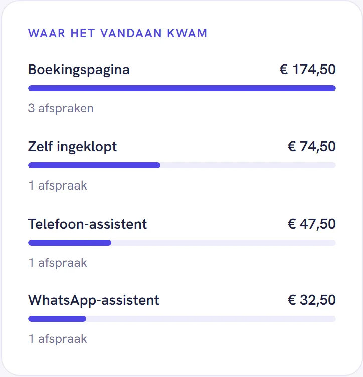 Het blok Waar het vandaan kwam met de omzet en het aantal afspraken per bron