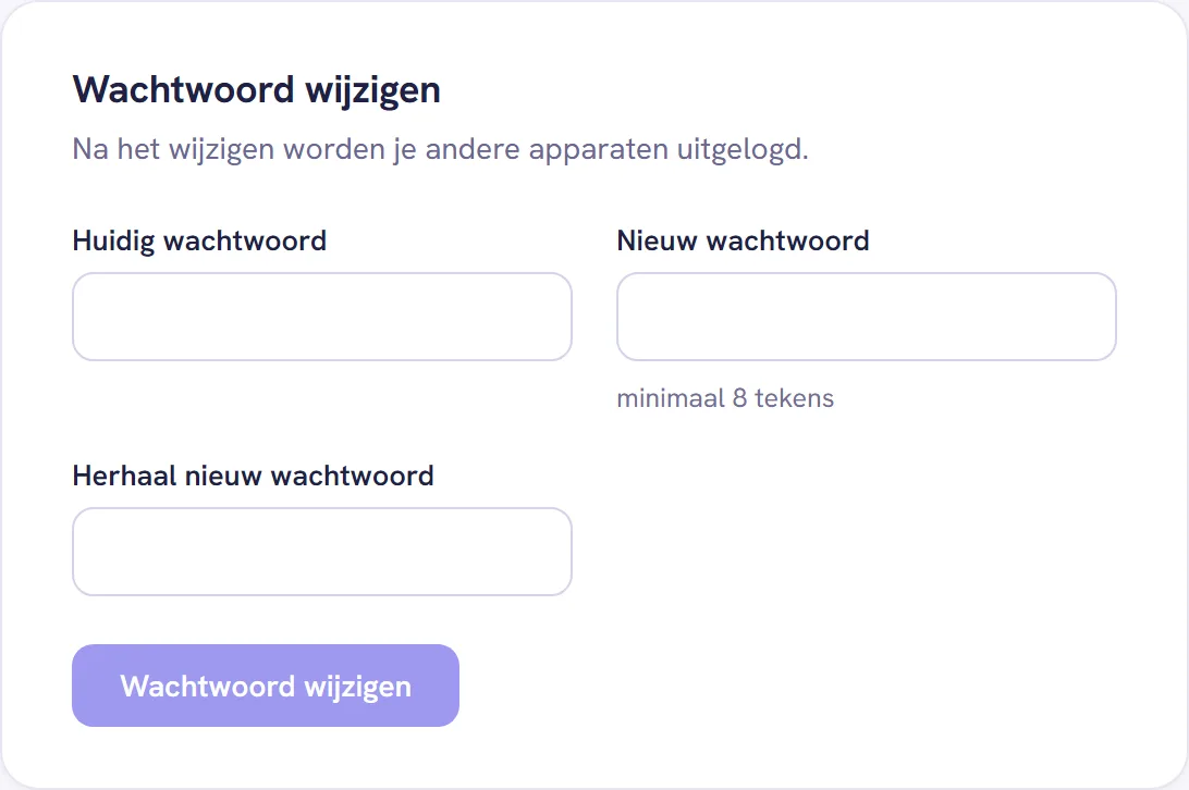 Het blok Wachtwoord wijzigen met de velden Huidig wachtwoord, Nieuw wachtwoord en Herhaal nieuw wachtwoord en de knop Wachtwoord wijzigen