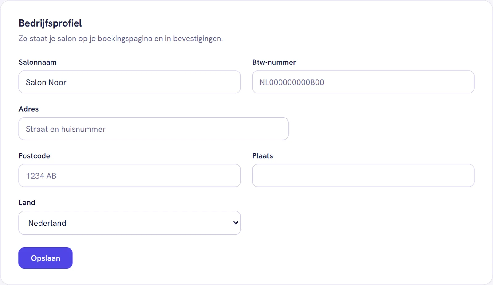De kaart Bedrijfsprofiel met de velden Salonnaam, Btw-nummer, Adres, Postcode, Plaats en Land, en de knop Opslaan