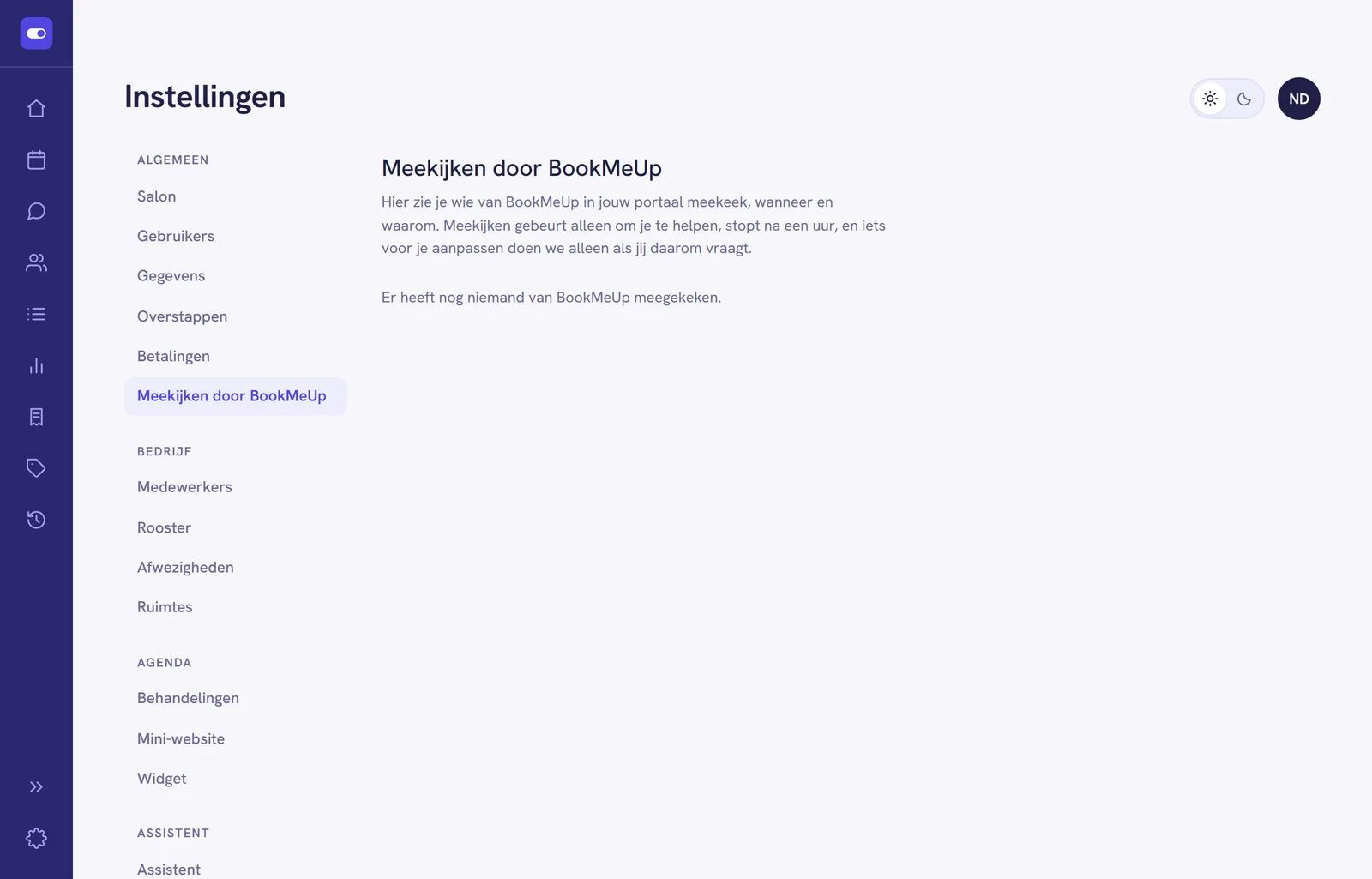 Het scherm Meekijken door BookMeUp onder Instellingen, met de uitleg bovenaan en daaronder de zin Er heeft nog niemand van BookMeUp meegekeken