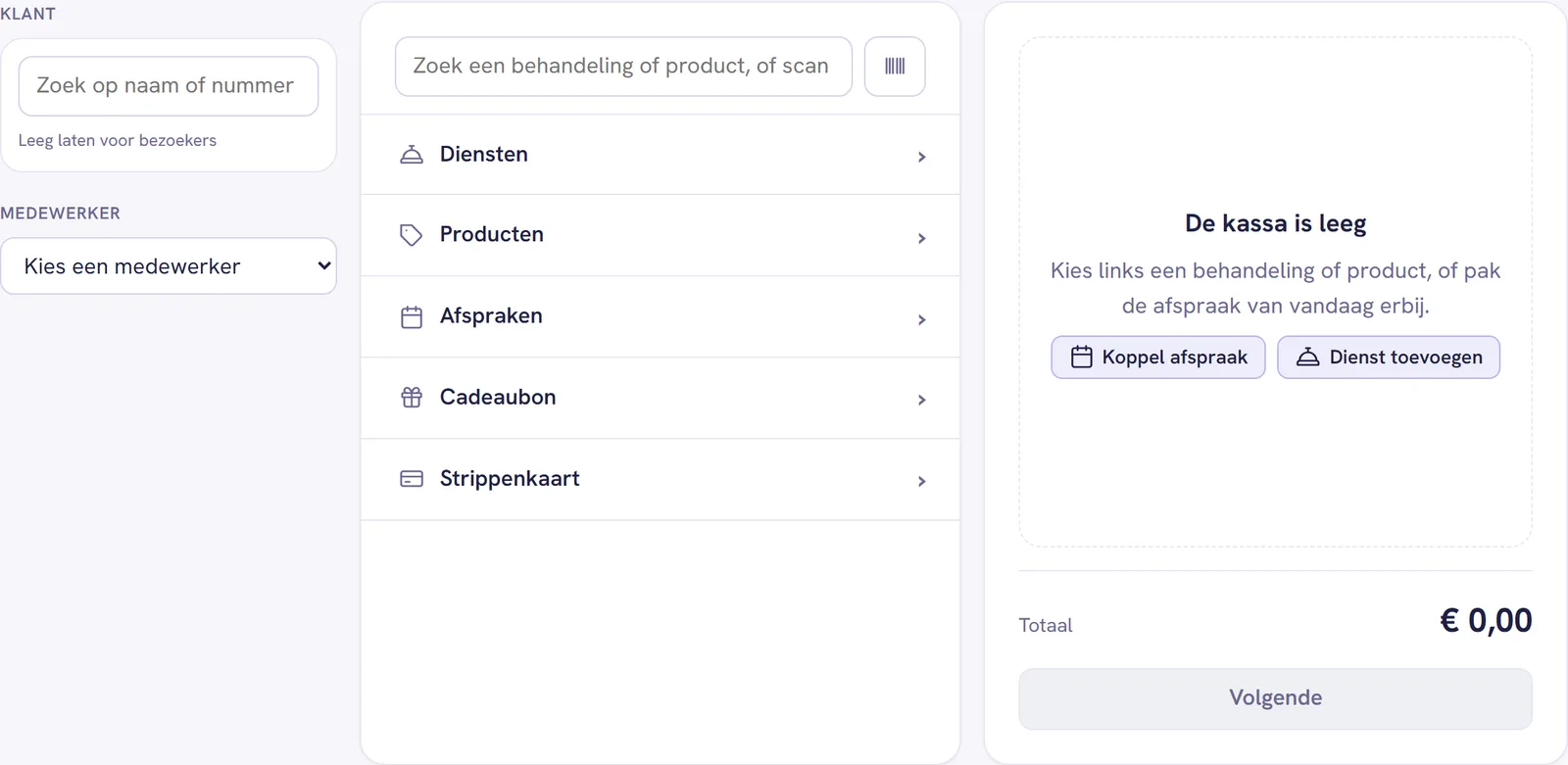 De lege kassa met links Klant en Medewerker, in het midden het zoekveld met het menu Diensten, Producten, Afspraken, Cadeaubon en Strippenkaart, en rechts de lege bon