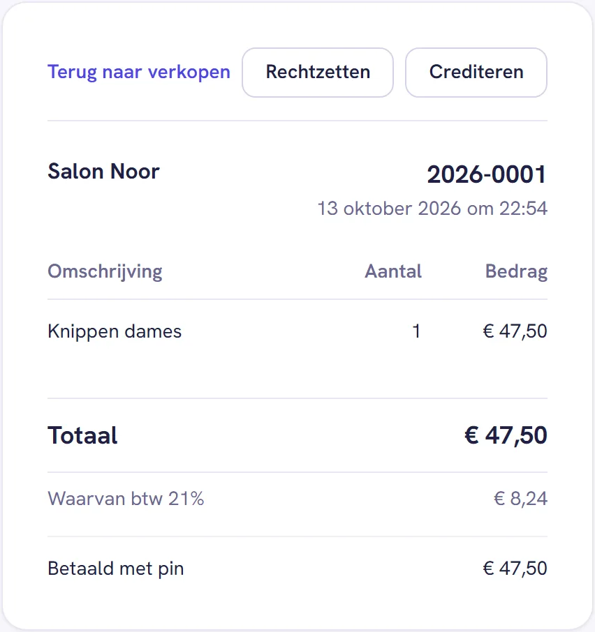 Een bon met bovenaan Terug naar verkopen, Rechtzetten en Crediteren, daaronder de naam van de salon, het bonnummer met datum en tijd, de regel, het totaal, de btw en de betaling