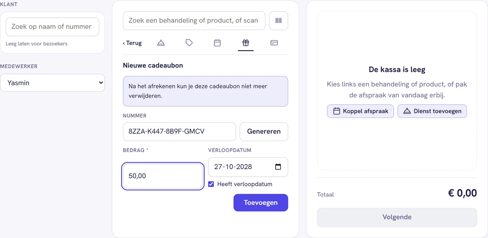 Het formulier Nieuwe cadeaubon in de kassa met een gegenereerde code, een bedrag van 50 euro en de verloopdatum over twee jaar