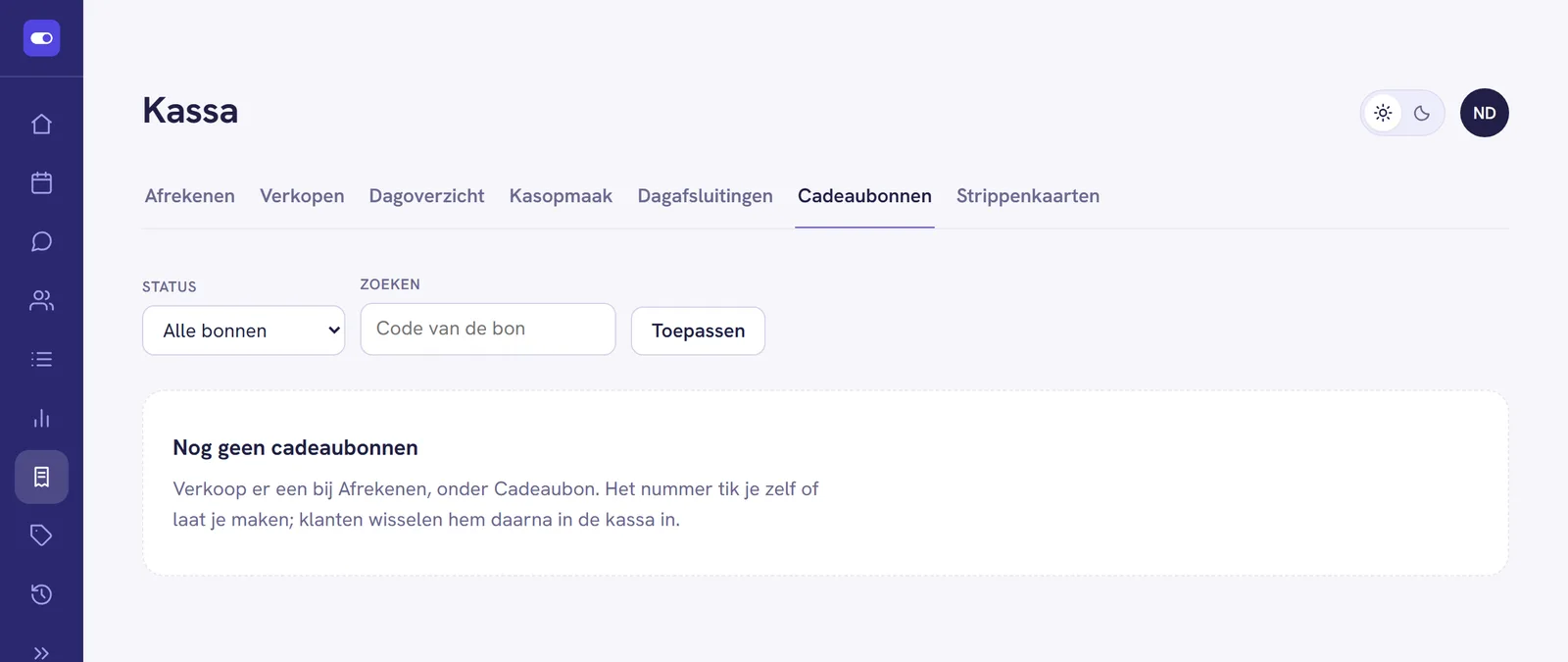 Het tabblad Cadeaubonnen met de filters Status en Zoeken en de knop Toepassen