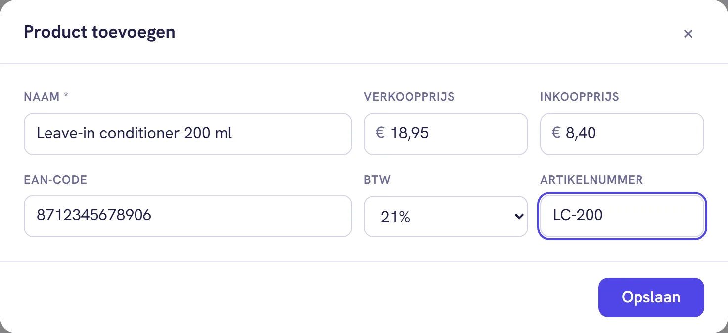 Het venster Product toevoegen met de naam Leave-in conditioner 200 ml, verkoopprijs 18,95, inkoopprijs 8,40, een EAN-code, btw 21% en artikelnummer LC-200