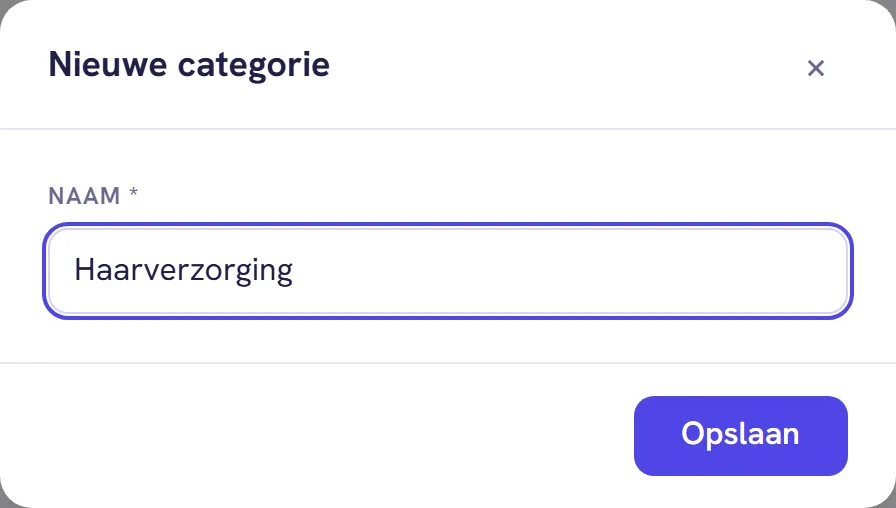 Het venster Nieuwe categorie met de naam Haarverzorging en de knop Opslaan