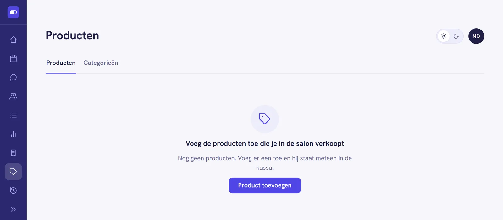 De pagina Producten met de tabbladen Producten en Categorieën en de knop Product toevoegen