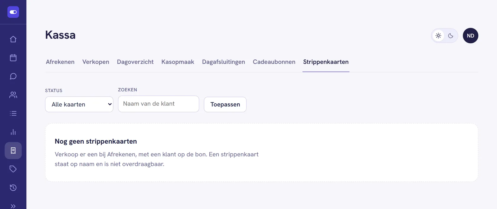 Het tabblad Strippenkaarten met de filters Status en Zoeken en de knop Toepassen