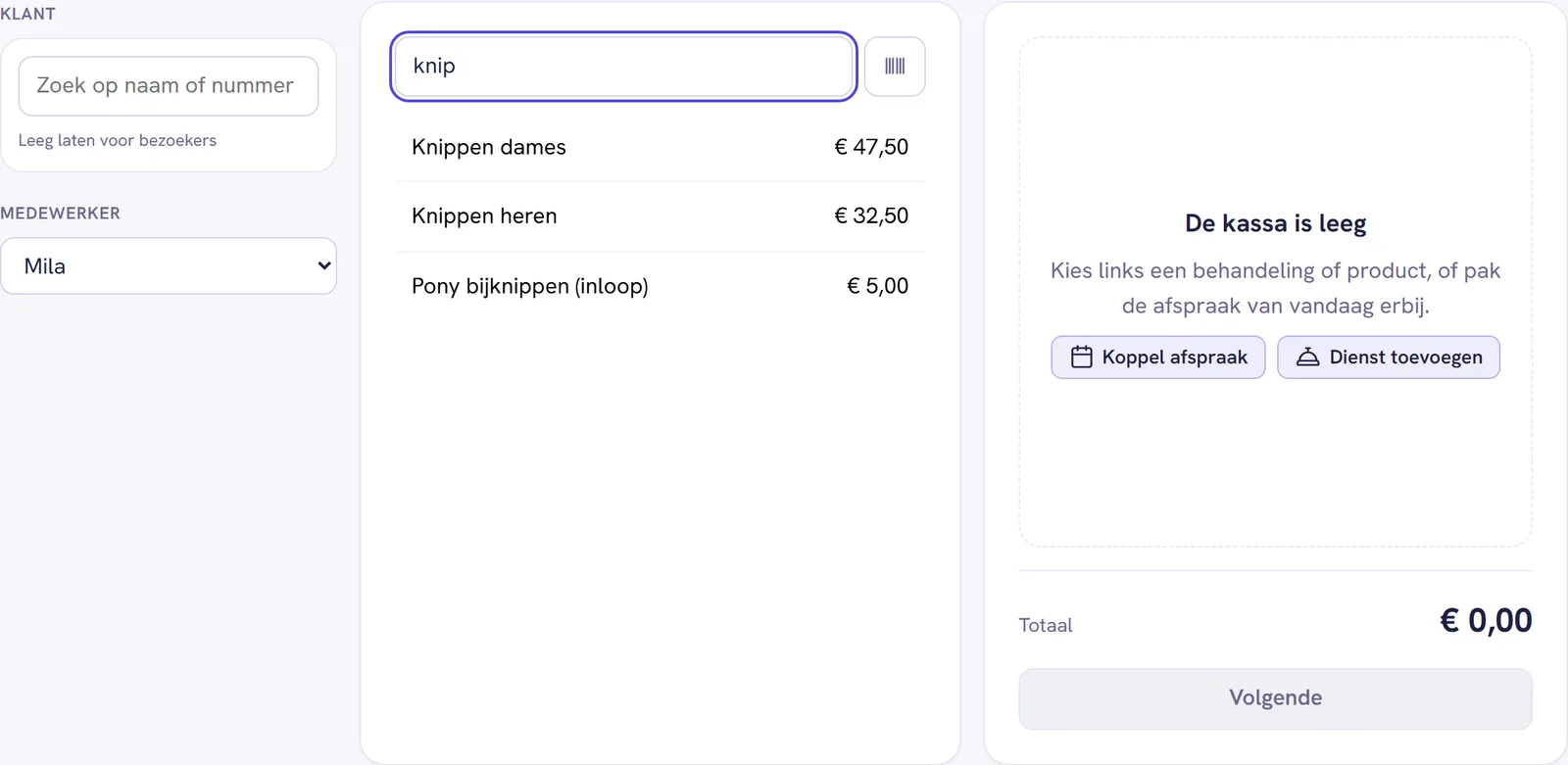 De kassa met knip in het zoekveld, het knopje voor de streepjescode ernaast en de behandelingen die op de zoekopdracht passen
