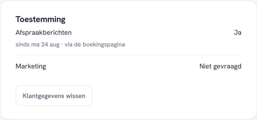Het blok Toestemming met de regels Afspraakberichten en Marketing en de knop Klantgegevens wissen