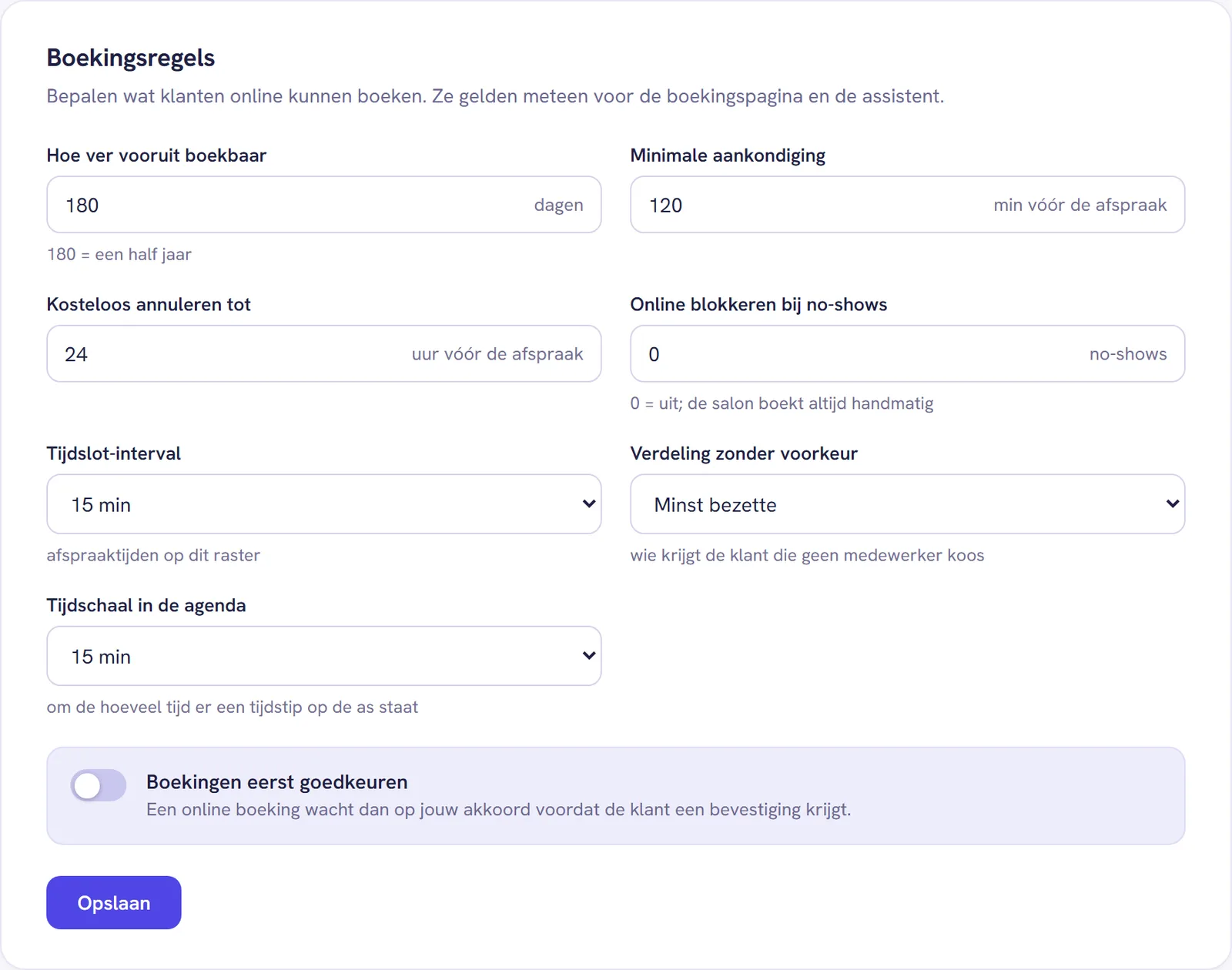 De kaart Boekingsregels met de velden voor vooruit boeken, aankondiging, annuleren, no-shows, interval, verdeling en tijdschaal