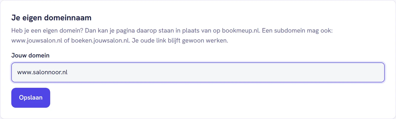 De kaart Je eigen domeinnaam met het veld Jouw domein en de knop Opslaan