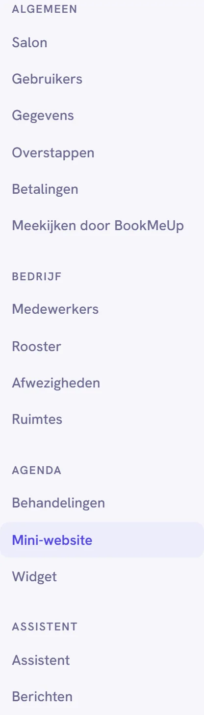 Het menu van Instellingen met de groepen Algemeen, Bedrijf, Agenda en Assistent