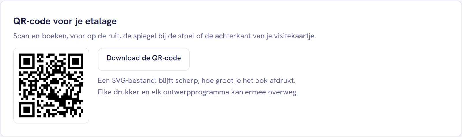 De kaart QR-code voor je etalage met de QR-code en de knop Download de QR-code