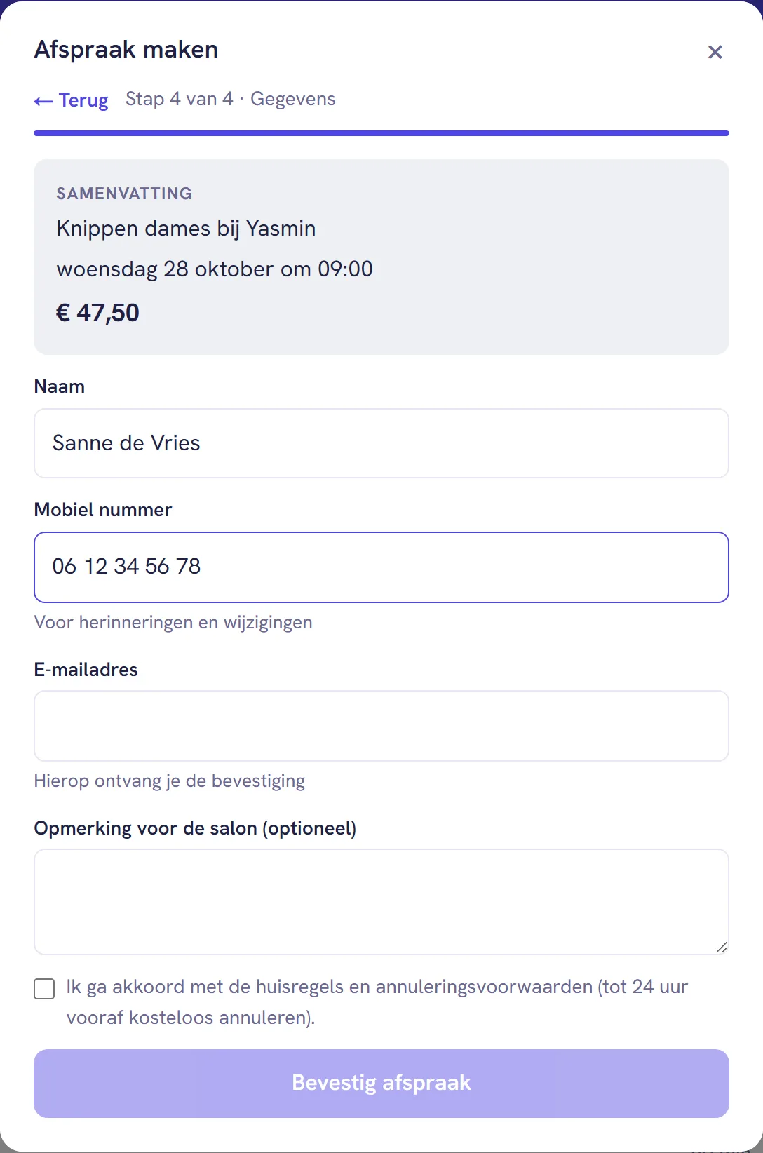 Stap 4 met de samenvatting en de velden naam, mobiel nummer, e-mailadres en opmerking