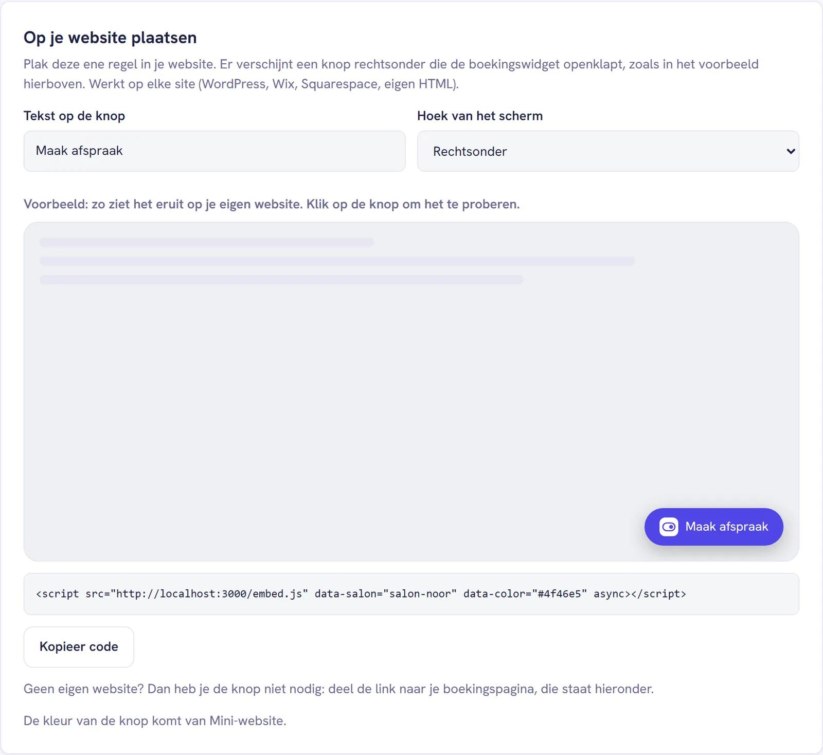 De kaart Op je website plaatsen met de velden Tekst op de knop en Hoek van het scherm, het voorbeeld en de code