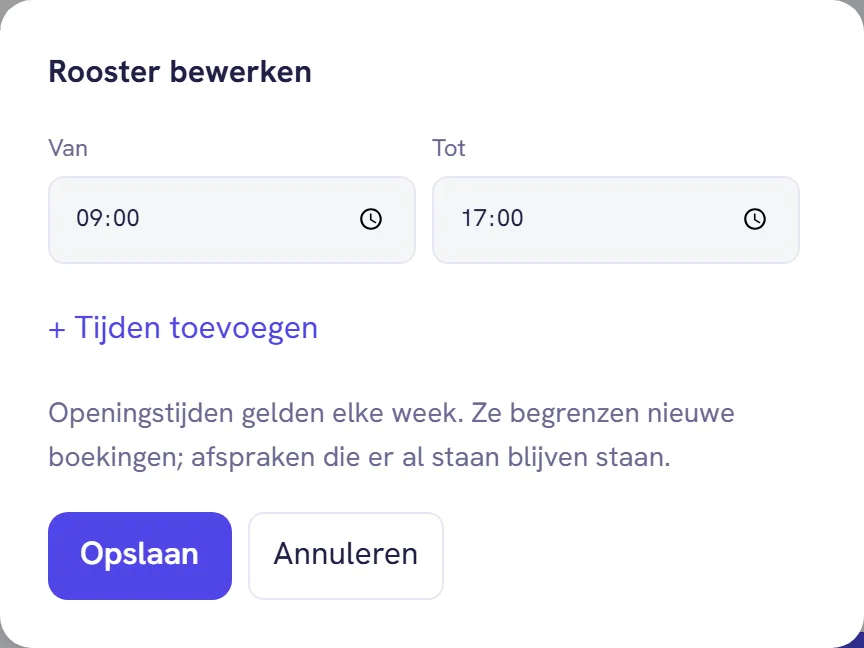 Het venster Rooster bewerken voor de openingstijden, met de uitleg dat ze elke week gelden
