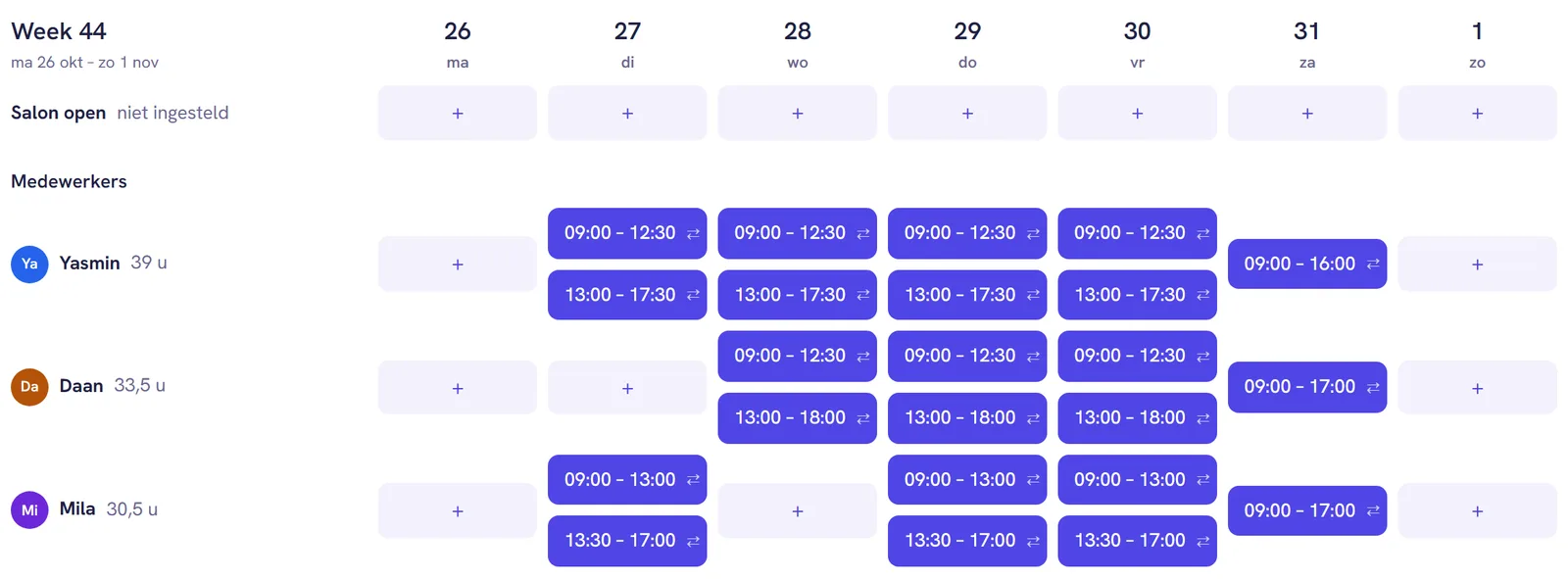 Het weekrooster van Salon Noor met de rij Salon open en de diensten van Yasmin, Daan en Mila