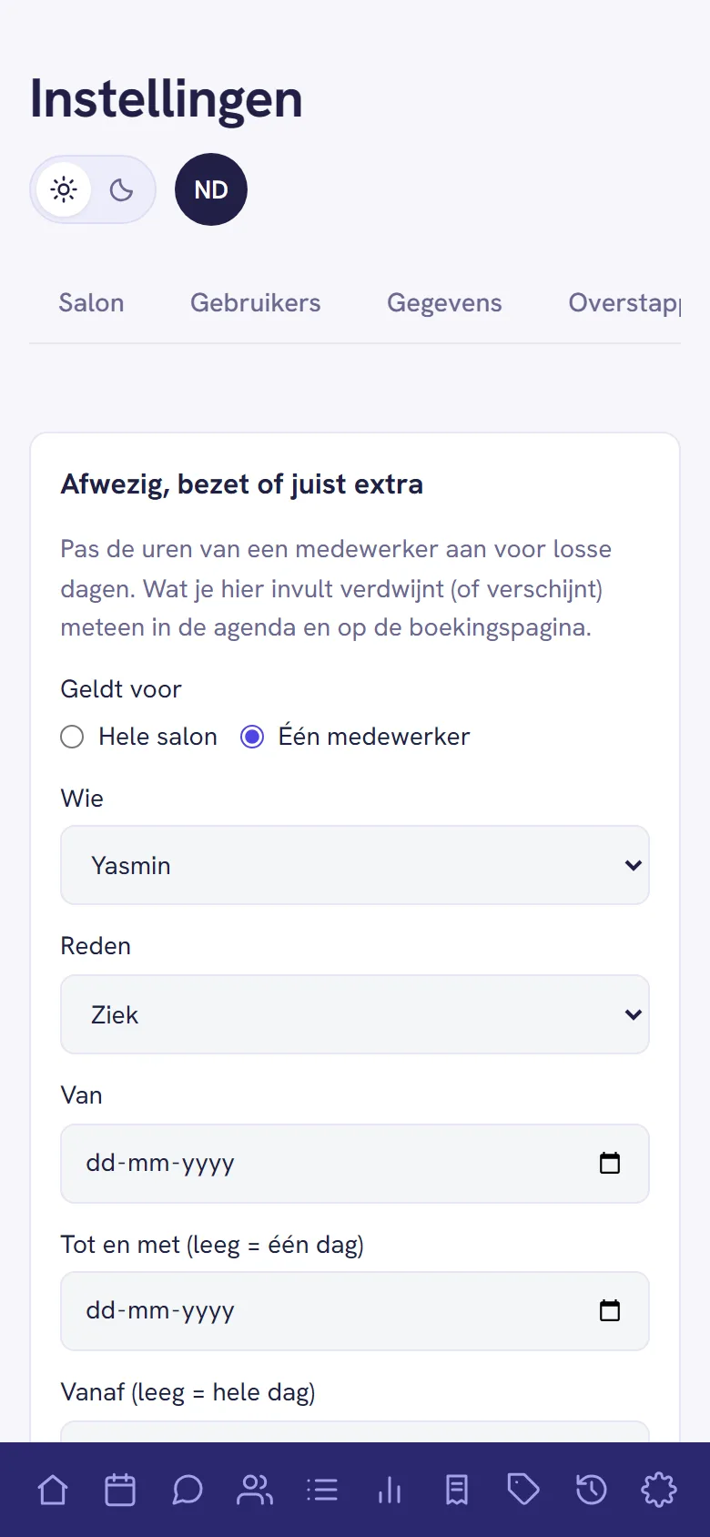 Het afwezighedenformulier op een telefoon, met Één medewerker gekozen